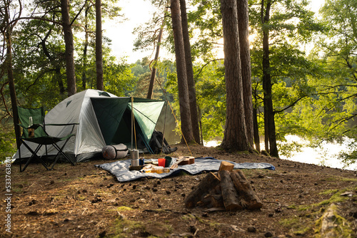 Shot of tourist tent with food and drink on rug in summer wood in daytime.