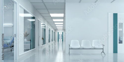 Empty corridor in modern hospital with waiting area and hospital bed in rooms.3d rendering