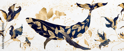 Luxury art background with whale and gold and blue floral pattern. Banner with hand drawn floral and animal pattern for wallpaper design, print, textile, decor, packaging, invitations.