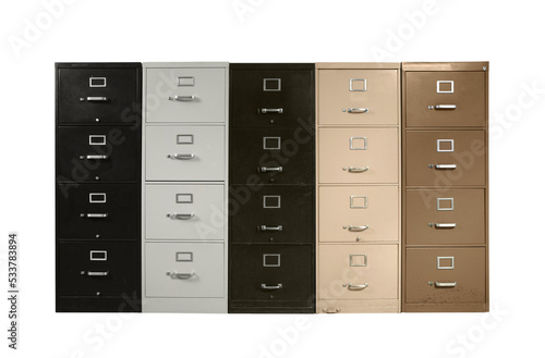 Funky vintage metal file cabinets isolated. 