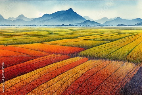 Watercolor illustration of autumn rice field High quality 2d illustration