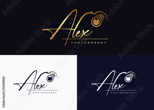 Alex signature camera icon photography logo template.