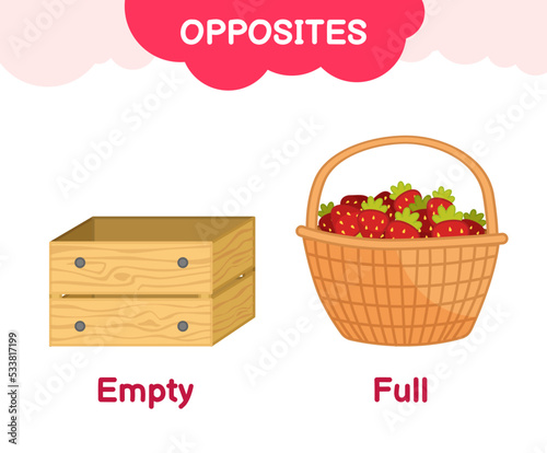 Vector learning material for kids opposites full empty. Cartoon illustrations of empty wooden box and full basket full of strawberries 