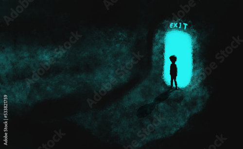 The silhouette of a boy walking out of the illuminated exit inside the cave. A child who escaped from a place where there was a human laboratory. Digital art style. illustration painting.