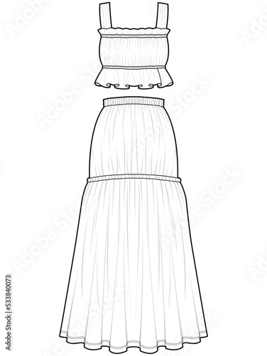womens two piece outfits shirred crop top and maxi skirt fashion flat sketch vector illustration.