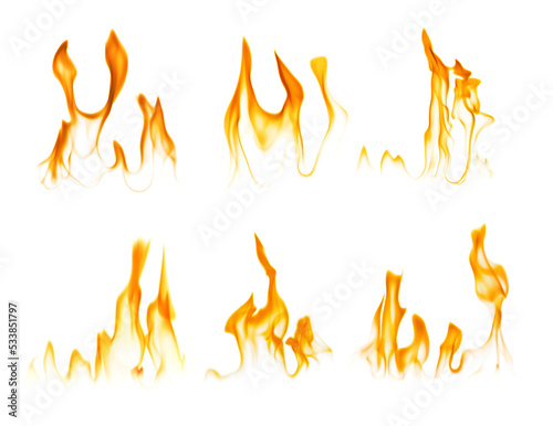 Set with beautiful bright fire flames on white background