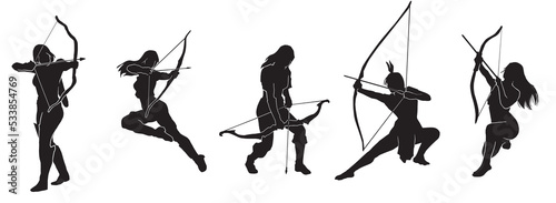 Set of archer Silhouette, a female warrior character design. Silhouette Girl Archer with a dynamic style and pulls an arrow that is ready to be released, Amazon Female Warrior, leather armor.
