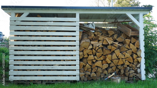 Drewutnia, skład drewna. Przechowywanie drewna na zime. Woodshed, wood storage in the garden