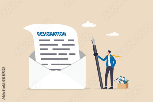 Professional write resignation letter to quit job or inform to leave company, change new job or notify boss, manager of dismissal concept, businessman professional with pen writing resignation email.