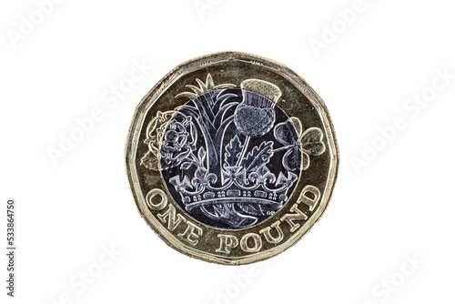 New one pound British coin of England UK introduced in 2017 which show emblems of each of the nations, png stock photo file cut out and isolated on a transparent background