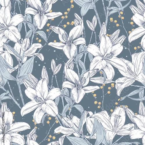 Floral design with daylilies Seamless pattern with spring blooming flowers and berries. Delicate pastel blue tones. Perfect for textile, fashion, invitation, wallpapers and home decor.