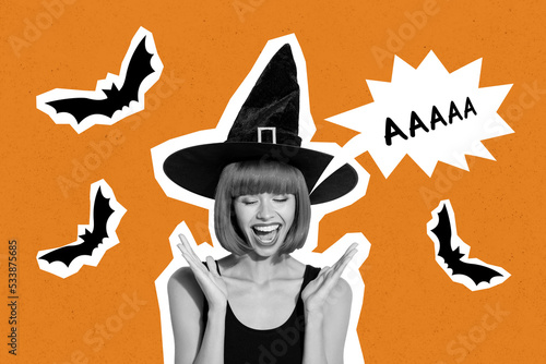 Composite collage portrait of crazy witch girl black white gamma scream loud aaaaa flying bat isolated on orange background