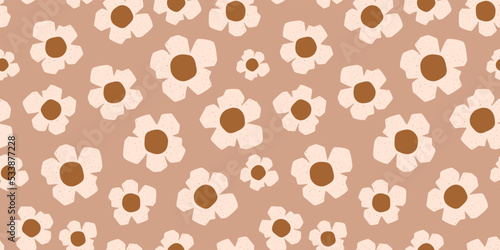 Daisy organic cutout abstract floral pattern. Beige floral paper cut shapes. Pastel abstract geometric flowers seamless pattern, meadow repeated background. Beige collage design. Vector illustration.