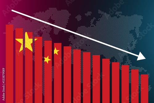 China bar chart graph, decreasing values, crisis and downgrade concept, news banner idea, fail and decrease