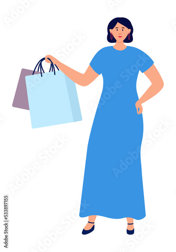 Woman holding shopping bags with purchases. Buyer icon
