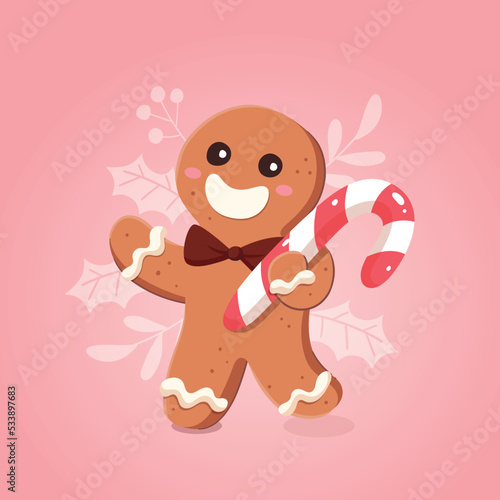 Funny gingerbread man holding a Christmas candy cane. Christmas candies collection. Cartoon vector illustration.