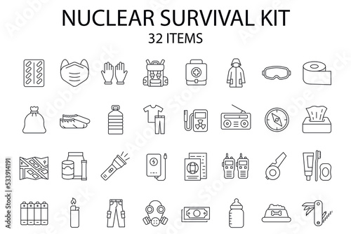 Set of 32 nuclear survival kit icons. Surviving, war, emergency, aid, backpack, disasters. collection of line icons. Editable stroke