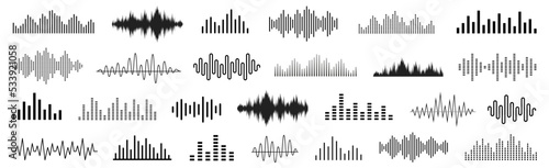 Sound wave set. Sound waves, Equalizer, Audio waves, Radio signal, Music. Recording. Vector