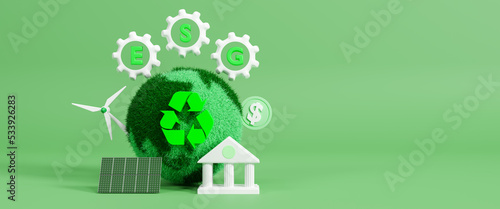 Global recycling. ESG concept of environmental, social and governance in sustainable and ethical business on the network connection on a green background, save the planet. 3d rendering illustration