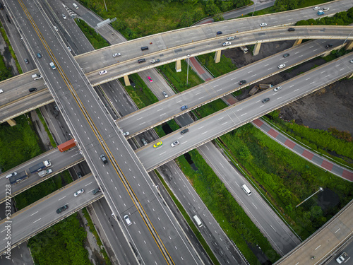 Aerial view transport junction city road with vehicle movement