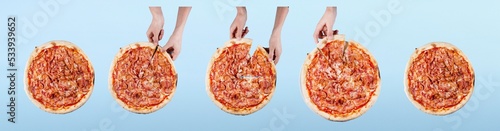 Photos pizza with becon and woman's hands. Pizza on the background. Cut and type your text.
