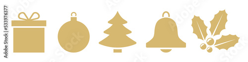 banner with golden christmas icons: present, ball, fir tree, bell and holly berry- vector illustration