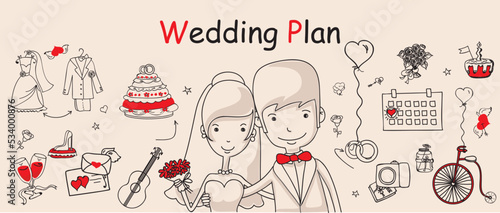 Doodle wedding set for invitation cards, including template design decorative elements