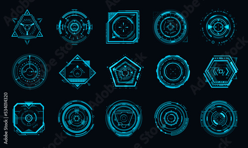 HUD aim control target panel and compass frame. Future military plane or Sci Fi spaceship pilot dashboard display, crosshair target aim or altimeter, VR game UI vector panel or blue neon display