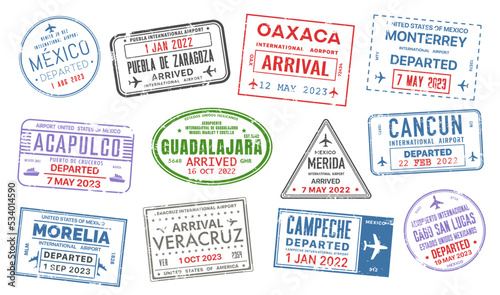 Passport travel stamps of Mexico country. Journey visa of mexican international airport vector set. Isolated grunge stamps of departure and arrival with colorful frames, planes, airplanes and ships