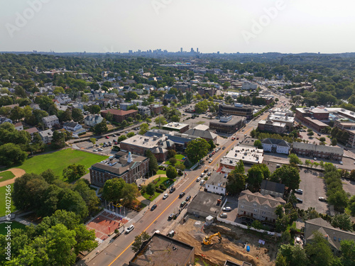 Watertown Town Hall aerial view at 149 Main Street in historic city center of Watertown, Massachusetts MA, USA. 