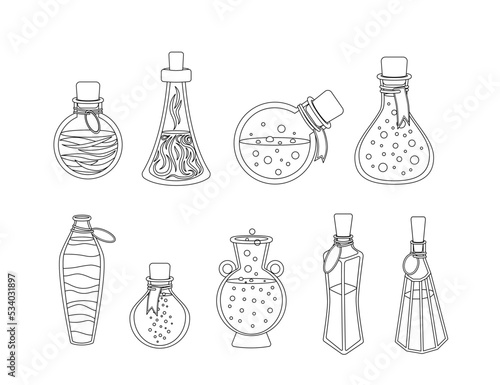 Bottles with potion coloring book. Black and white set of potion. Vector