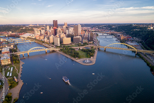 Aerial view of Pittsburgh, Pennsylvania. Business district Point State Park Allegheny Monongahela Ohio rivers in background.