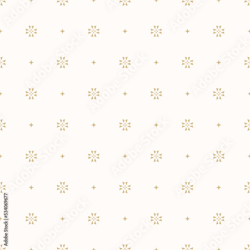 Vector minimalist floral background. Simple golden geometric seamless pattern with tiny flower silhouettes, small stars, crosses. Luxury gold and white abstract texture. Repeat modern minimal design