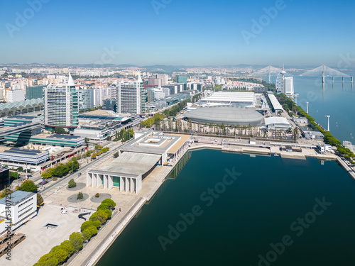 Aerial footage of Park of The Nations in Lisbon (Parque das Nações)