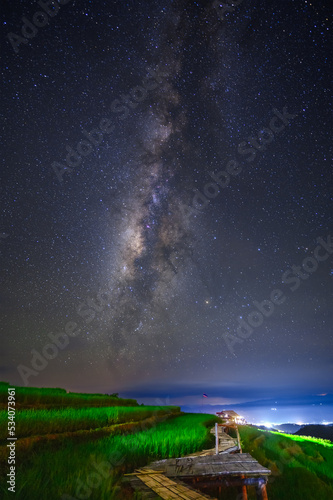 landscape of bamboo hut on terraced paddy rice field in starry night sky, Pa Pong Piang village, Chiang mai, Thailand