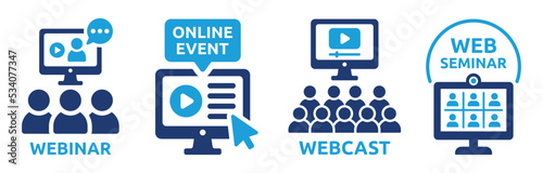 Webinar icon set. Web seminar or online event symbol. Webcast sign vector illustration. Business training concept.