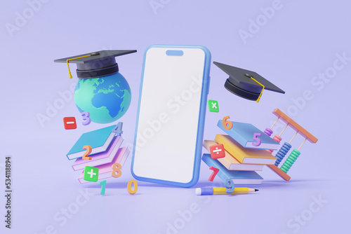 Online education via mobile phone with graduation cap and book arithmetic basic floating on pastel background quality courses exam information warranty knowledge document, cartoon minimal. 3d render