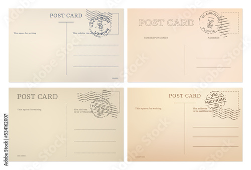 Vintage postcard, post card templates with postal stamps, vector backgrounds. Old retro postcard backsides from London, Lisbon, Michigan and Florida, blank mail postage and travel post cards