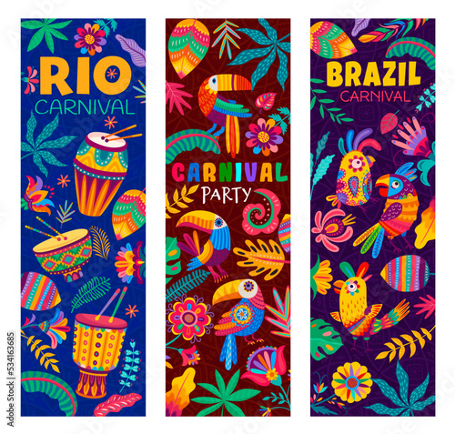 Brazilian Rio carnival party banners, cartoon toucan and parrot birds, drums, flowers, lianas and plants. Vector Brazil carnival of samba dance and music, Rio de Janeiro festival, holiday poster