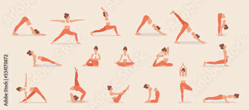 Set of poses woman doing yoga and fitness. Collection of female cartoon yoga positions isolated on white background. Full body yoga workout, eps 10