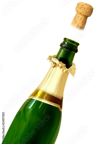 Champagne bottle cork popping isolated