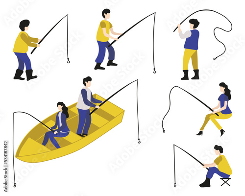 Set of simple vector minimal male and female anglers with fishing rods. Blue and yellow cartoon clipart of amateur fishermen isolated on transparent background