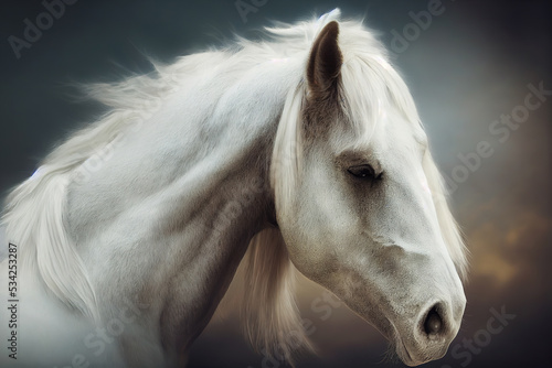 Profile portrait of beautiful white horse blurred background. 3D illustration.