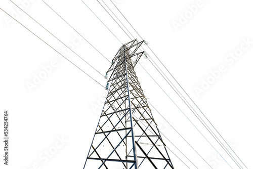 Photography of a High voltage tower, power line with electric cables and insulators isolated on transparent background, png.