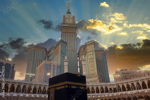 Holy kaaba with Abraj Al Bait (Royal Clock Tower Makkah) (left) in Makkah, Saudi Arabia. The tower is the tallest clock tower in the world at 601m (1972 feet), built at a cost of USD1.5 billion.