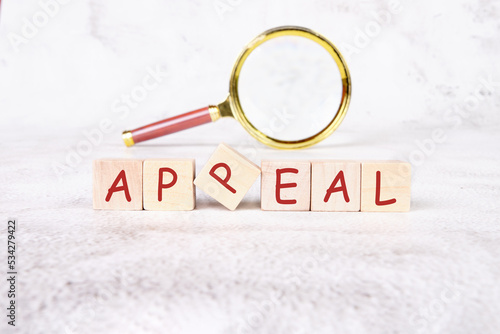 word appeal written on wooden cubes with a magnifying glass in the background