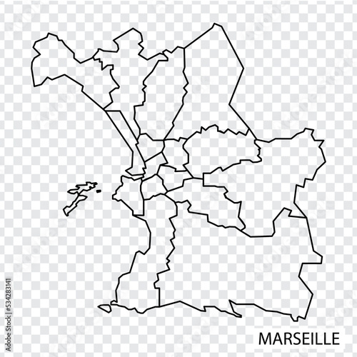 High Quality map of Marseille is a city The France, with borders of the regions. Map Marseille of Provence-Alpes-Cote d'Azur your web site design, app, UI. EPS10.