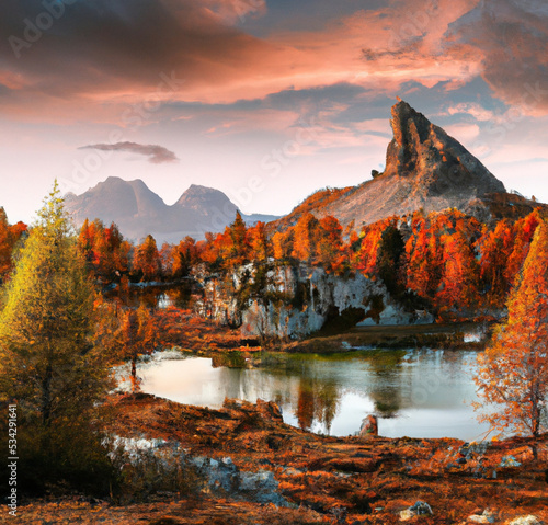 Majestic sunset of the mountains landscape. Wonderful Nature landscape during sunset. Beautiful colored trees over the Federa lake, glowing in sunligh