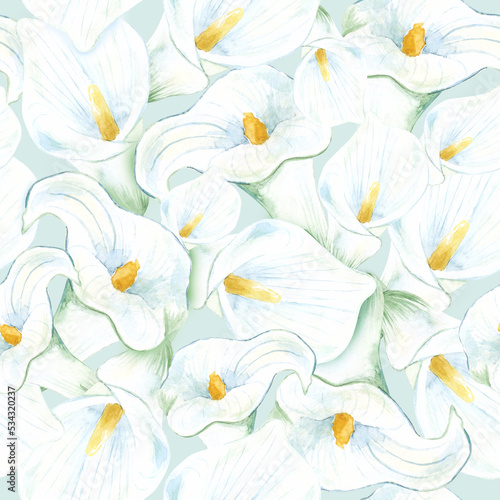 watercolor illustration, calla lillies, tropical flowers, cala l white seamless pattern