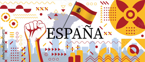 Spain flag and map poster. National day or spain independence day design. spanish celebration. Modern retro design with abstract icons - Independence from Spain